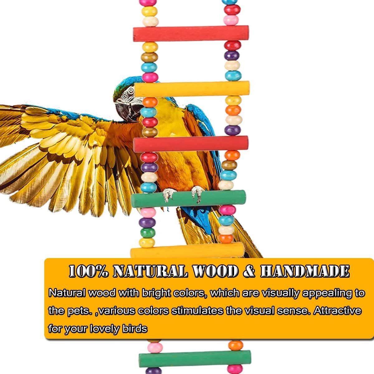 Natural Wood Pet Bird Parrot Ladders Climbing Toy Hanging Colorful Balls Decor