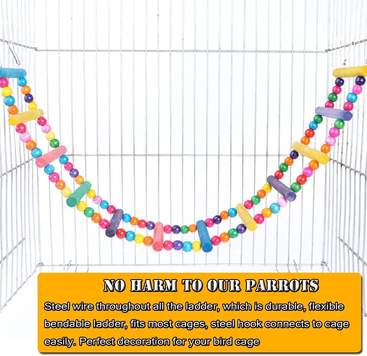 Natural Wood Pet Bird Parrot Ladders Climbing Toy Hanging Colorful Balls Decor