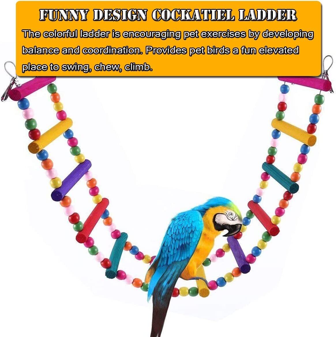 Natural Wood Pet Bird Parrot Ladders Climbing Toy Hanging Colorful Balls Decor