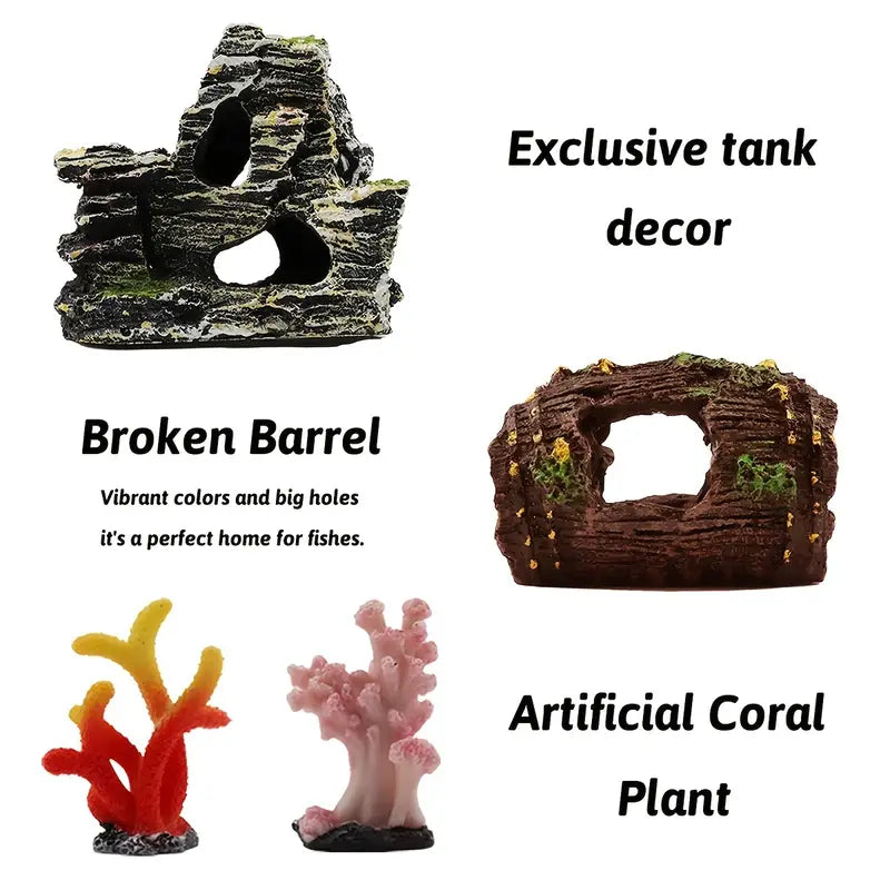 Fish Tank Decorations Plants with Resin Broken Barrel and Cave Rock View, 15Pcs