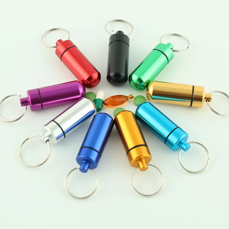 Mini Pill Bottle Charm Key Ring - Waterproof Metal Keychain - Portable