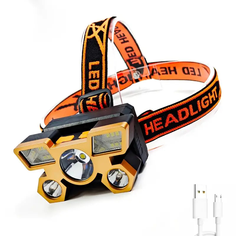 1pc Headlamp Flashlight, 5 LEDs High Light USB Rechargeable LED Head Lamp, IPX46 Waterproof Flashlight Head Lights For Camping, Hiking, Outdoors, 3.43x1.93x1.69inch