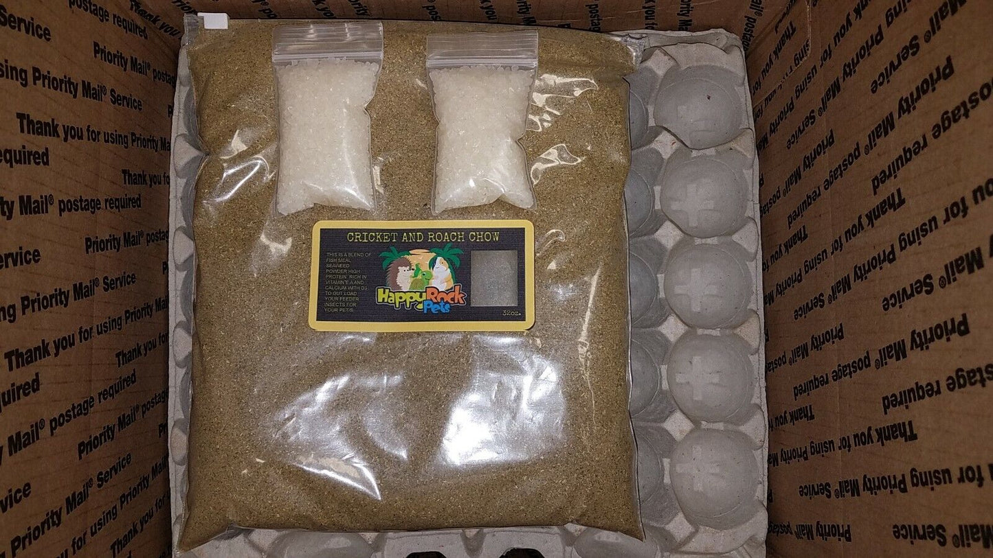 CRICKET / ROACH CHOW COMBO pk water crystals and egg crates in 4 oz.- 48 oz.