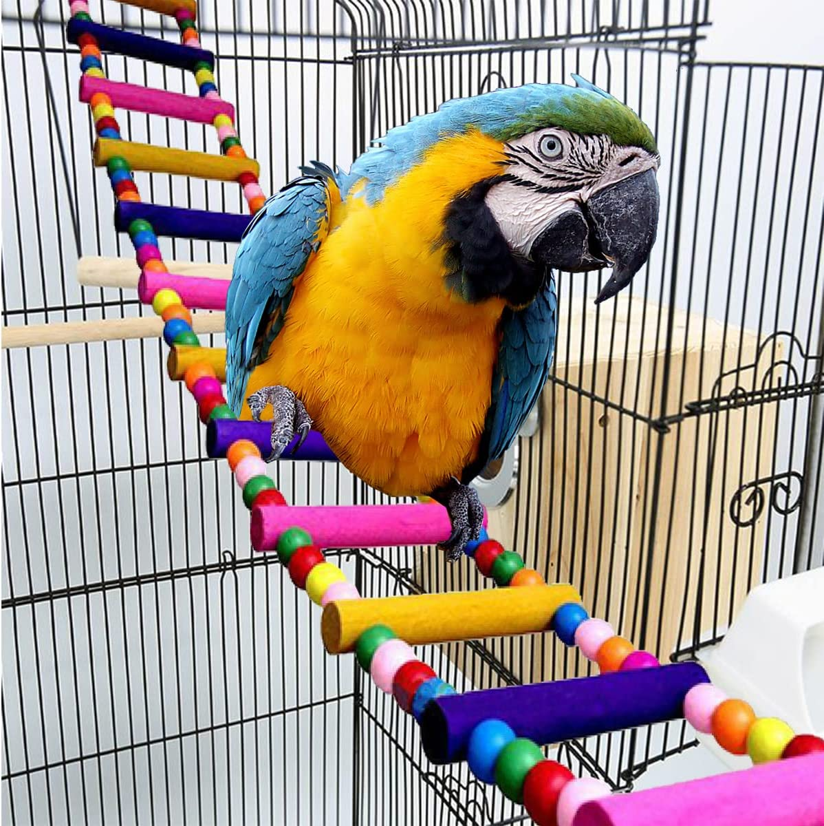 Natural Wood Pet Bird Parrot Ladders Climbing Toy Hanging Colorful Balls Decor