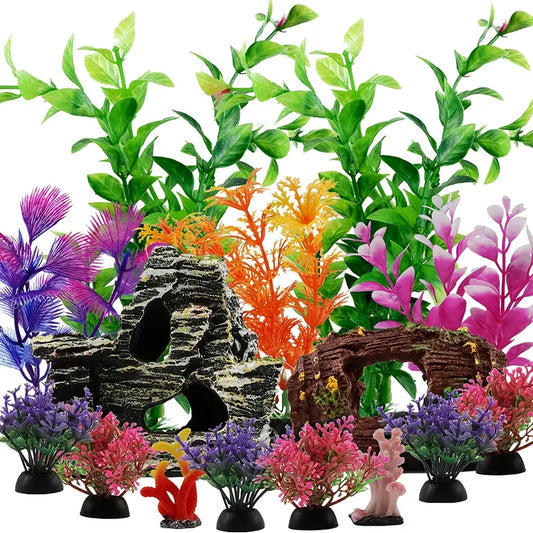 Fish Tank Decorations Plants with Resin Broken Barrel and Cave Rock View, 15Pcs