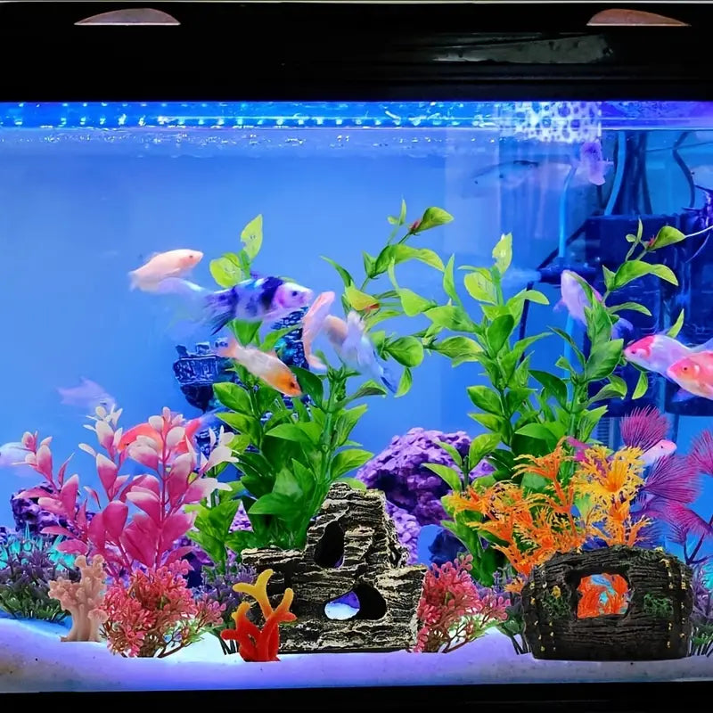 Fish Tank Decorations Plants with Resin Broken Barrel and Cave Rock View, 15Pcs