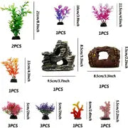 Fish Tank Decorations Plants with Resin Broken Barrel and Cave Rock View, 15Pcs