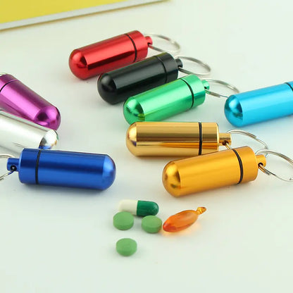 Mini Pill Bottle Charm Key Ring - Waterproof Metal Keychain - Portable