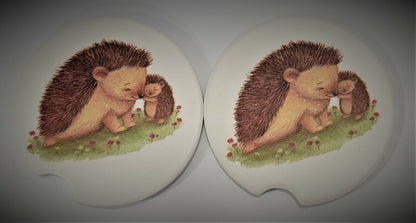 Car Costers stone, sublimated set of 2 Hedgehog designs