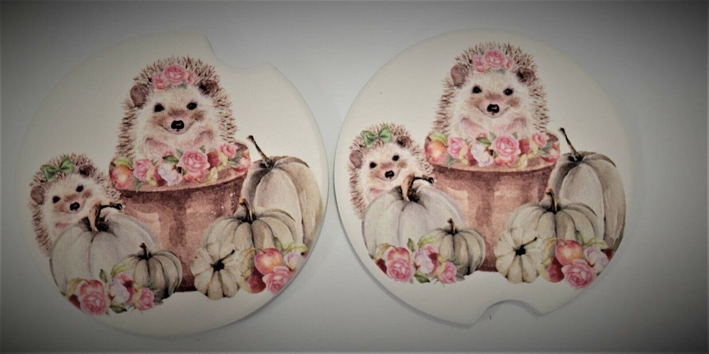 Car Costers stone, sublimated set of 2 Hedgehog designs